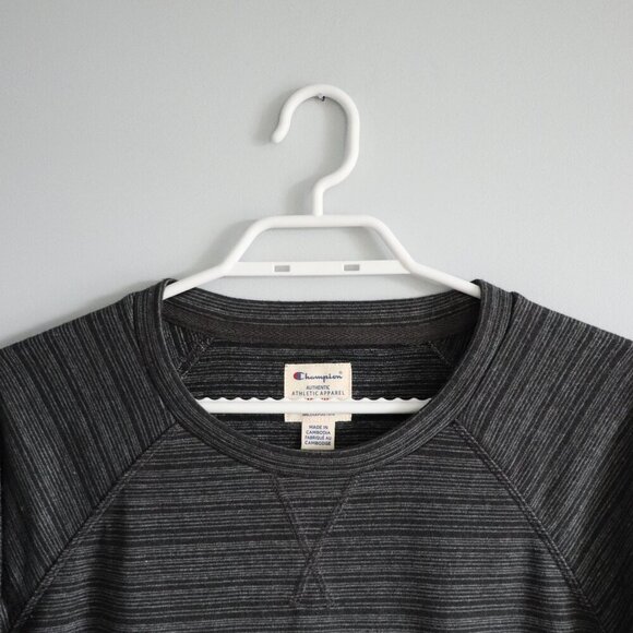 Vntg Champion Men's Sz M Grey Striped Crewneck Pullover Stretch‎ Sweatshirt Top - Picture 4 of 13